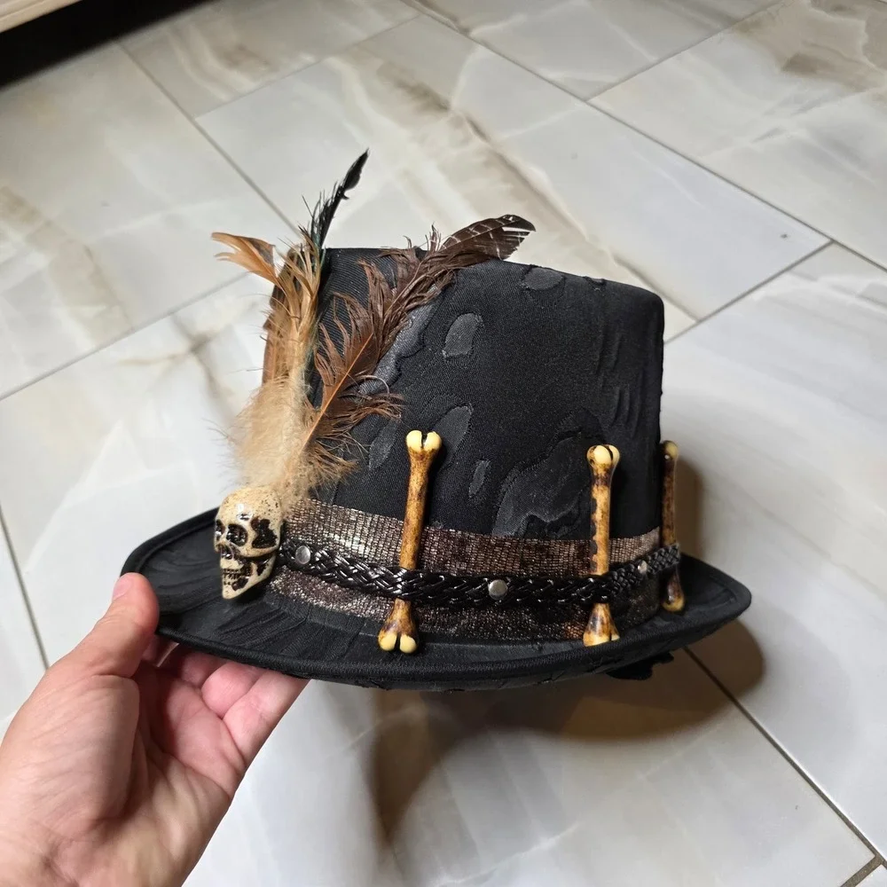 Spirit Halloween Voodoo Witch Doctor Top Hat Skull Bones Feathers Black 01433663